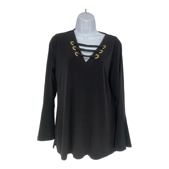 Michael Kors Black Stretch Pullover V Top Blouse Bell Sleeves Crisscross M - Picture 1 of 9